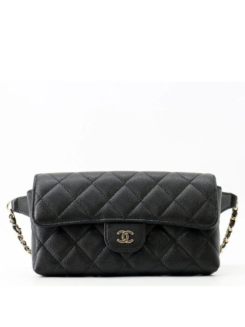 Chanel Belt Bag CC Logo Quilted Chain Caviar Leather Black
